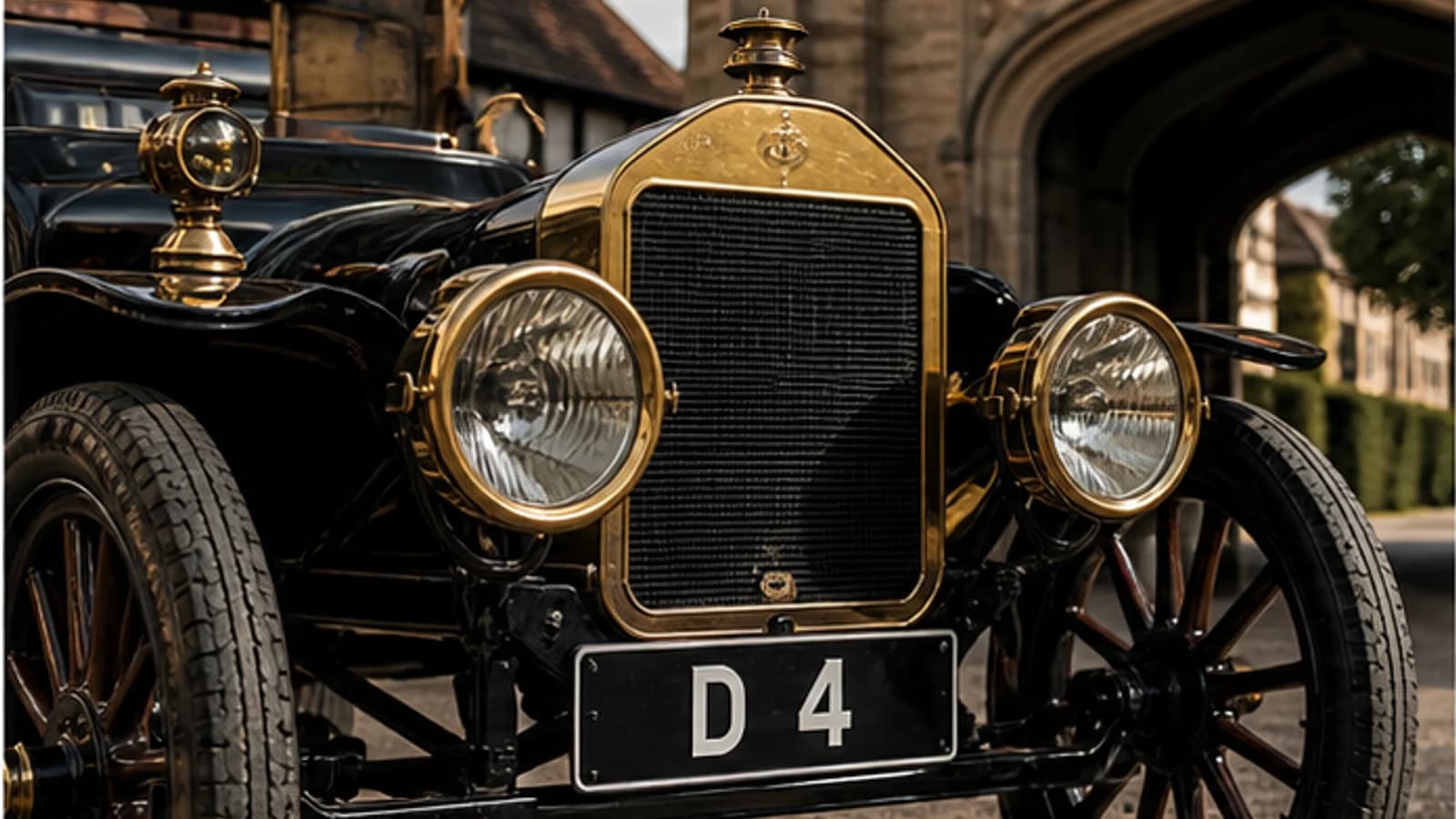 Vintage car with D 4 number plate outside a historic English building